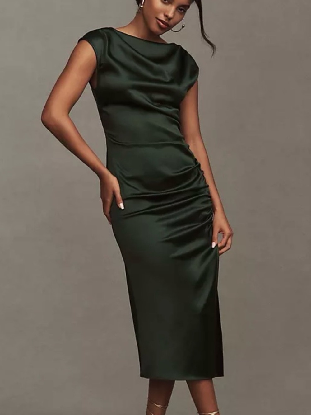 BHLDN Satin Dark Green Francesca High-Neck Midi Dress